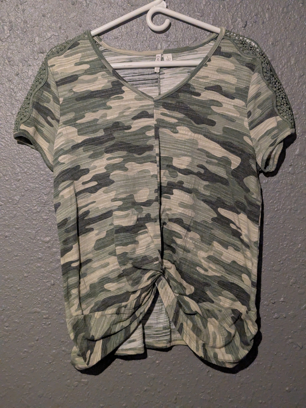 L Camo V-Neck Knot Front Women's Top - Olive Green Cato